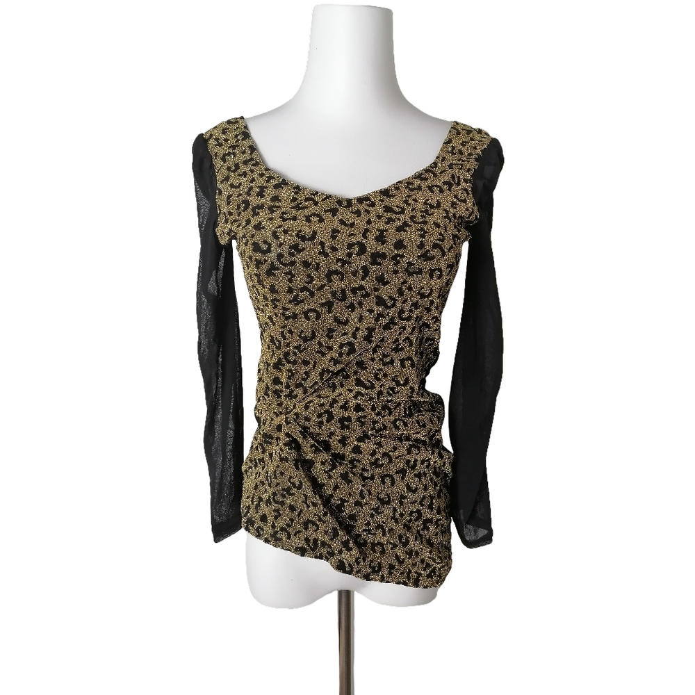 🐆 black and gold leopard print crew neck long sleeve slim fit mesh top